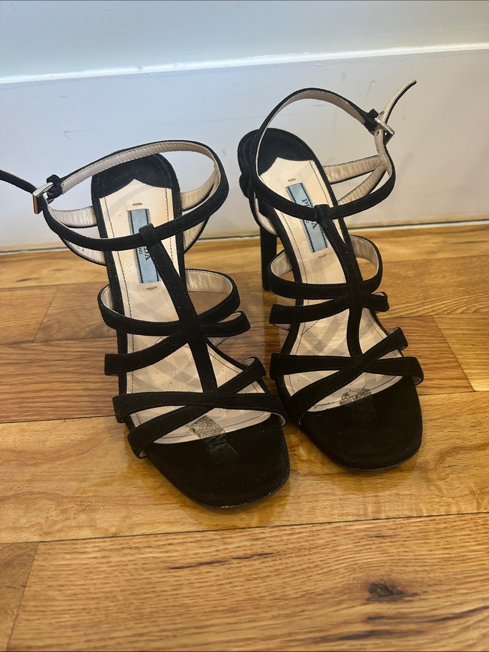 Prada Black Suede Multi-Strap Ankle-Heel Sandals